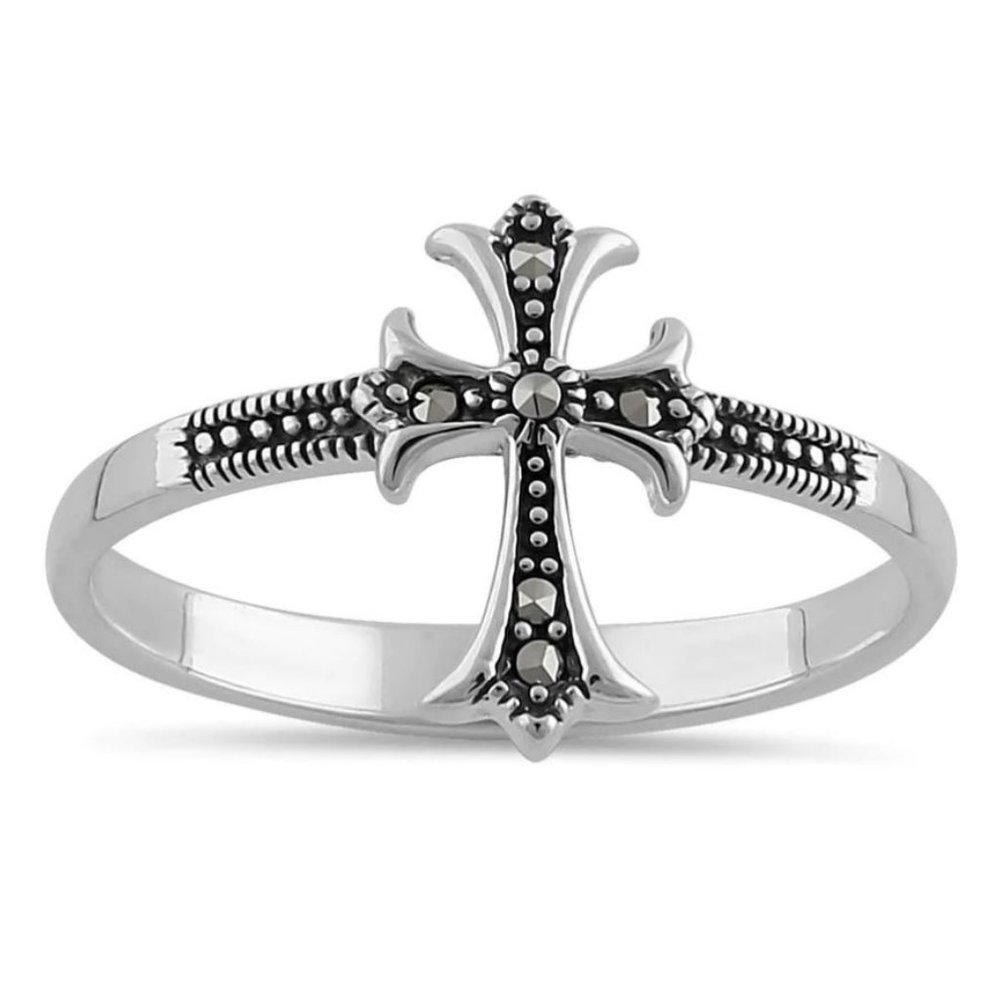 925 STERLING SILVER Dainty Medieval Cross Marcasite Ring - Picture 16 of 16